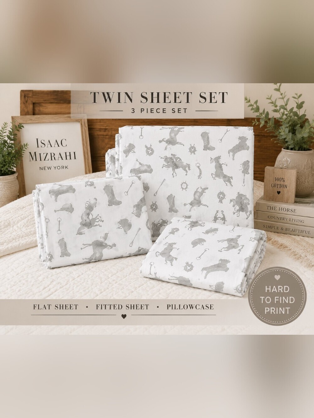 Isaac Mizrahi New York Twin Sheet Set Equestrian Horse Print 100% Cotton 3 Pc - Picture 1 of 5